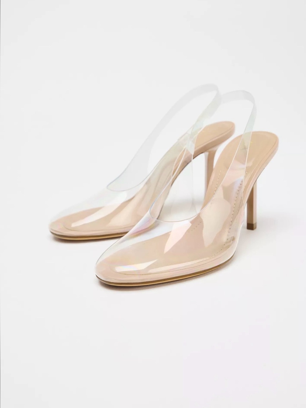Zara Nude Patent Pointed Slingback Heels with Clear Upper